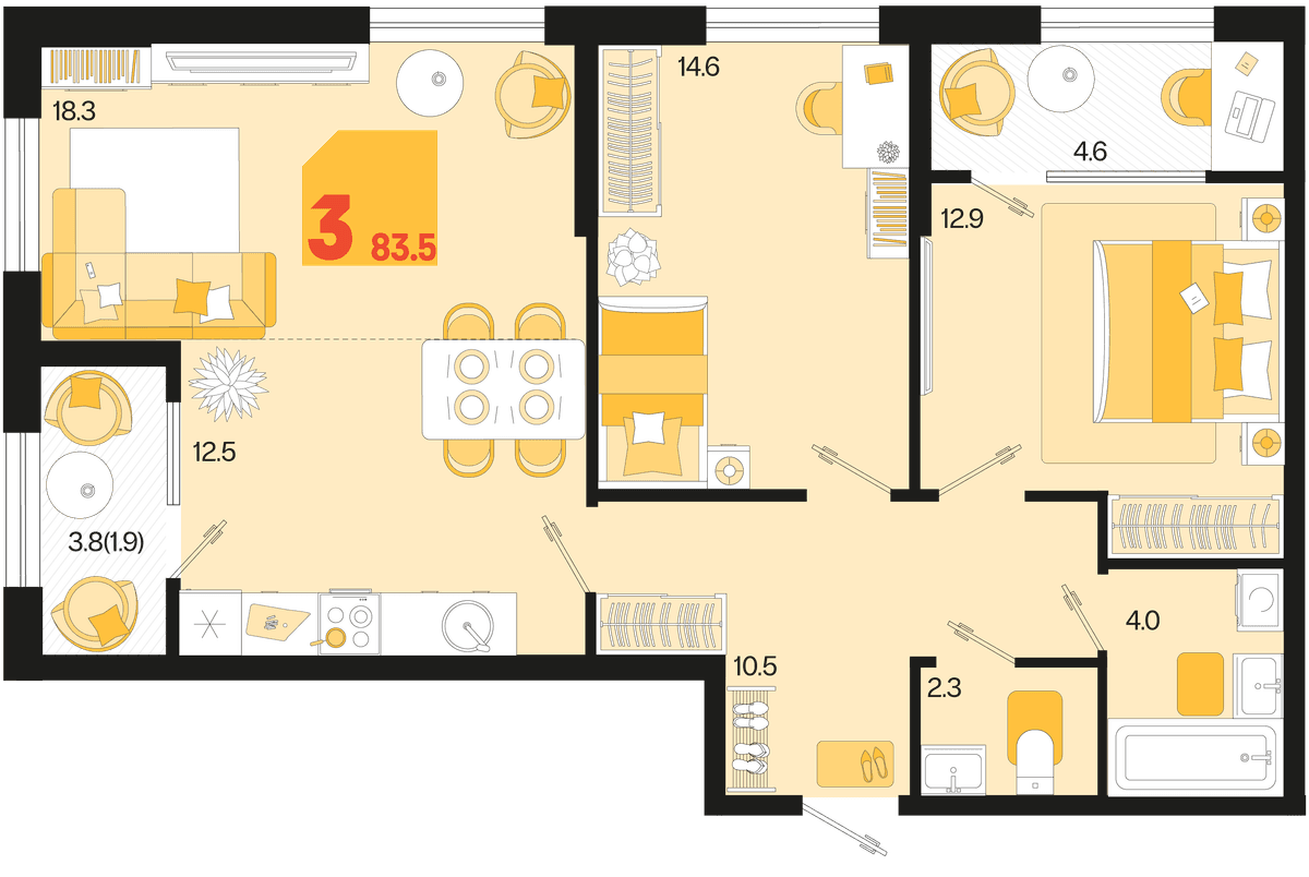 3-к, 83.5 м² · Первое место