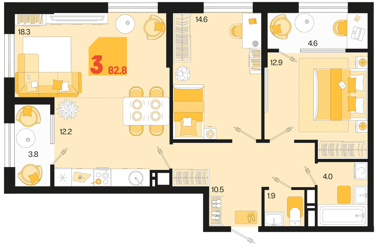 3-к, 82.8 м² · Первое место