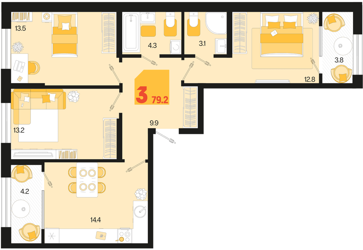 3-к, 79.2 м² · Первое место