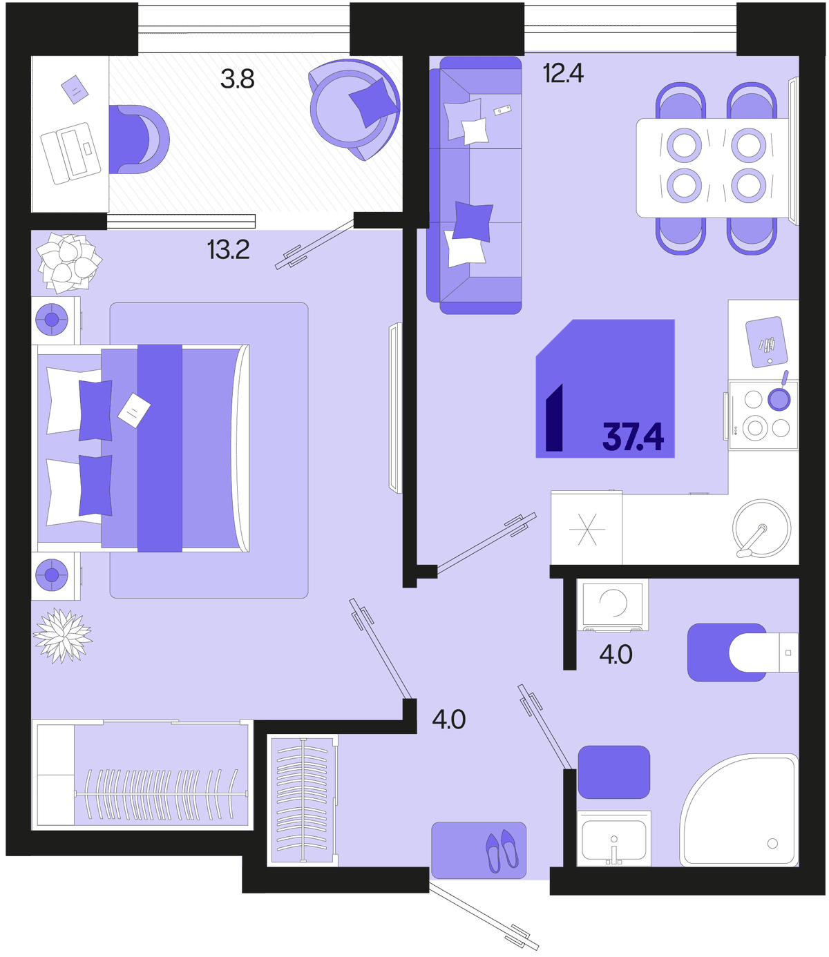1-к, 37.4 м² · Первое место