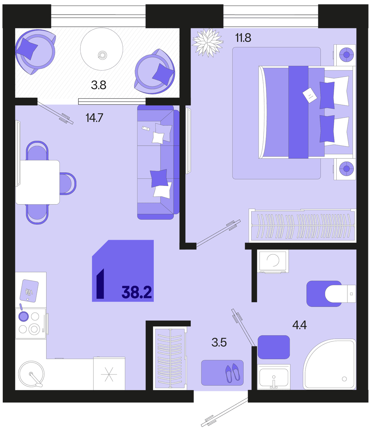 1-к, 38.2 м² · Первое место