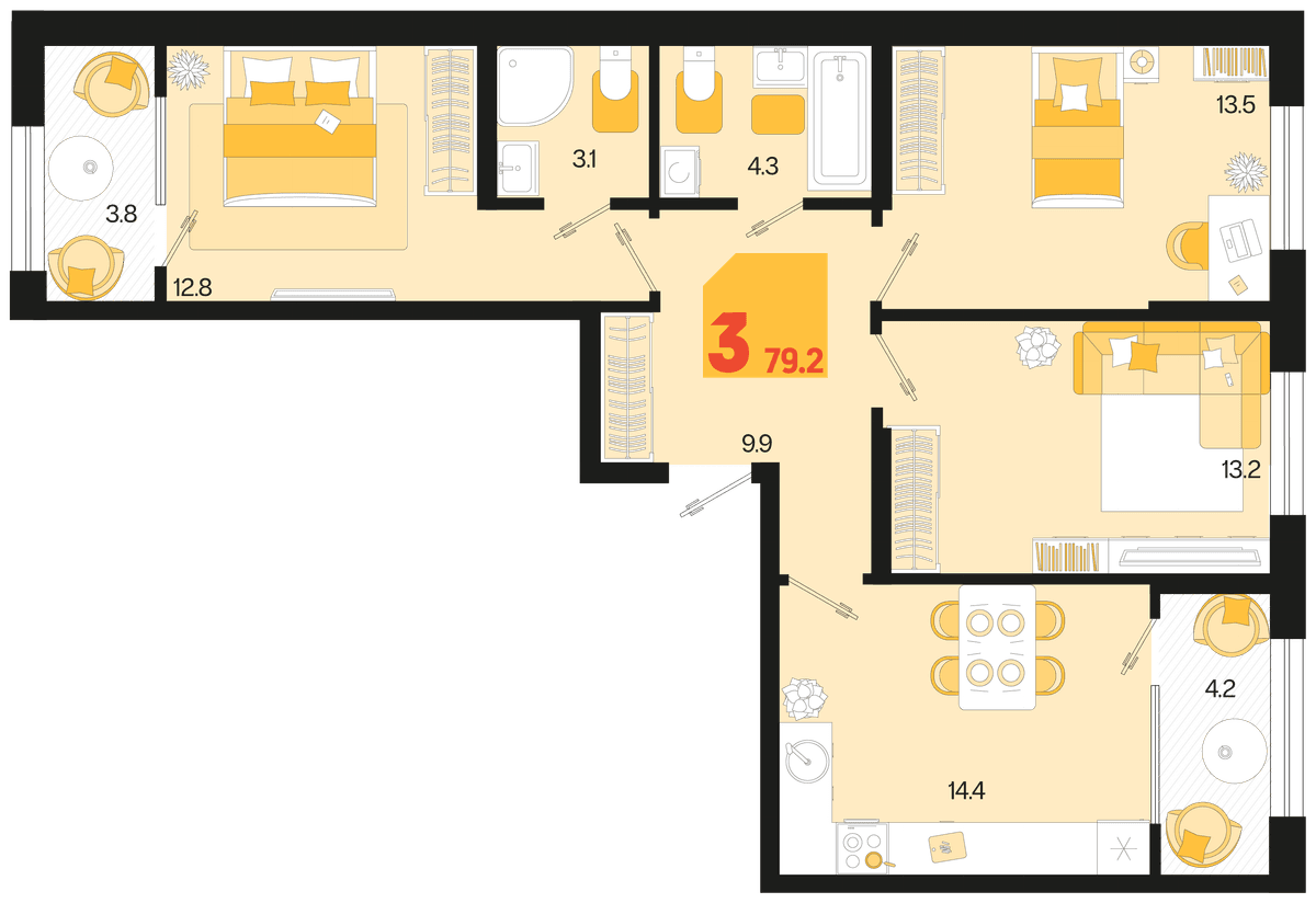 3-к, 79.2 м² · Первое место