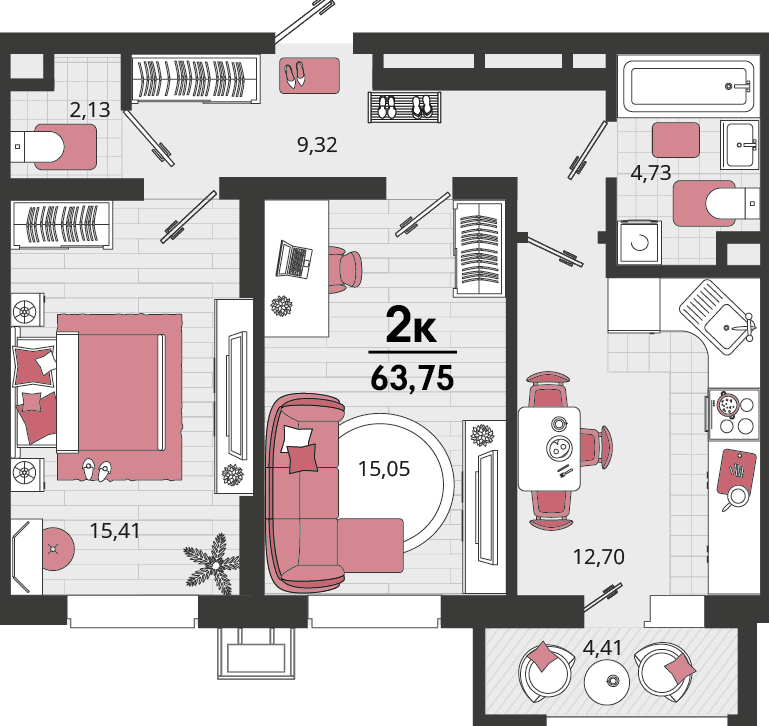 2-к, 63.75 м² · Родные просторы