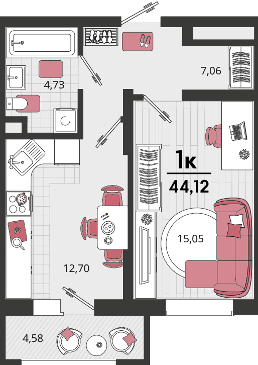 1-к, 44.12 м² · Родные просторы