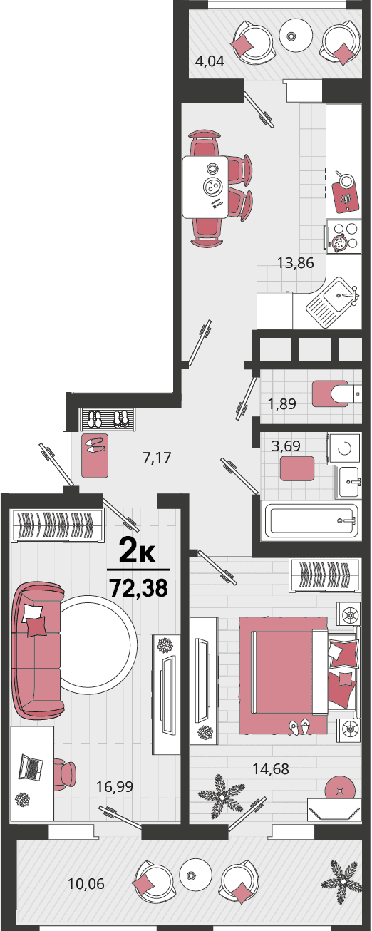 2-к, 72.38 м² · Родные просторы