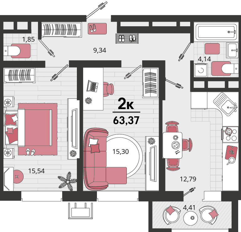 2-к, 63.37 м² · Родные просторы