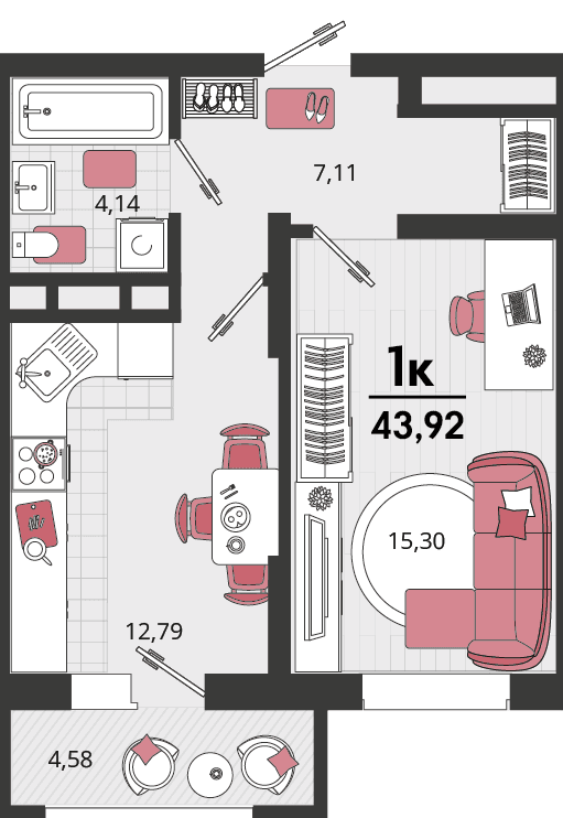 1-к, 43.92 м² · Родные просторы