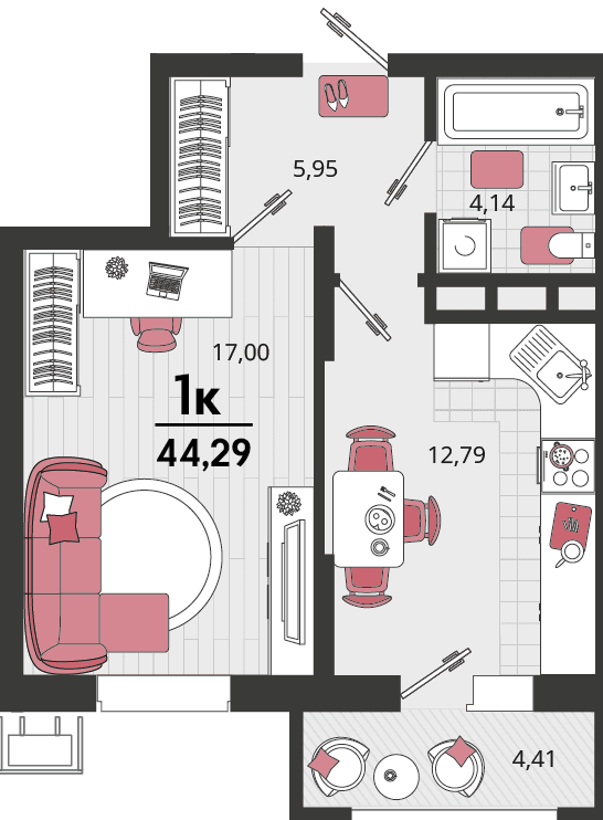 1-к, 44.29 м² · Родные просторы