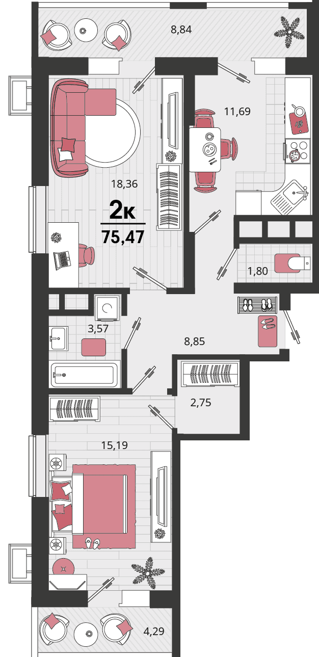 2-к, 75.47 м² · Родные просторы