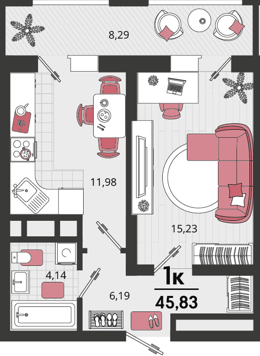 1-к, 45.83 м² · Родные просторы