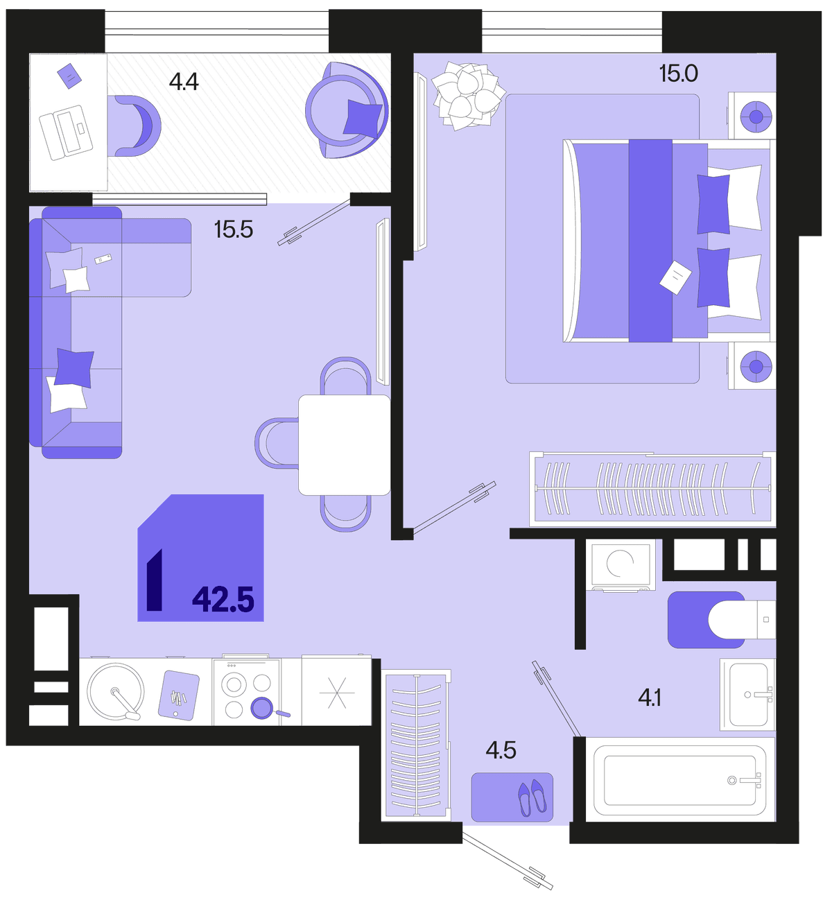 1-к, 43.5 м² · Первое место