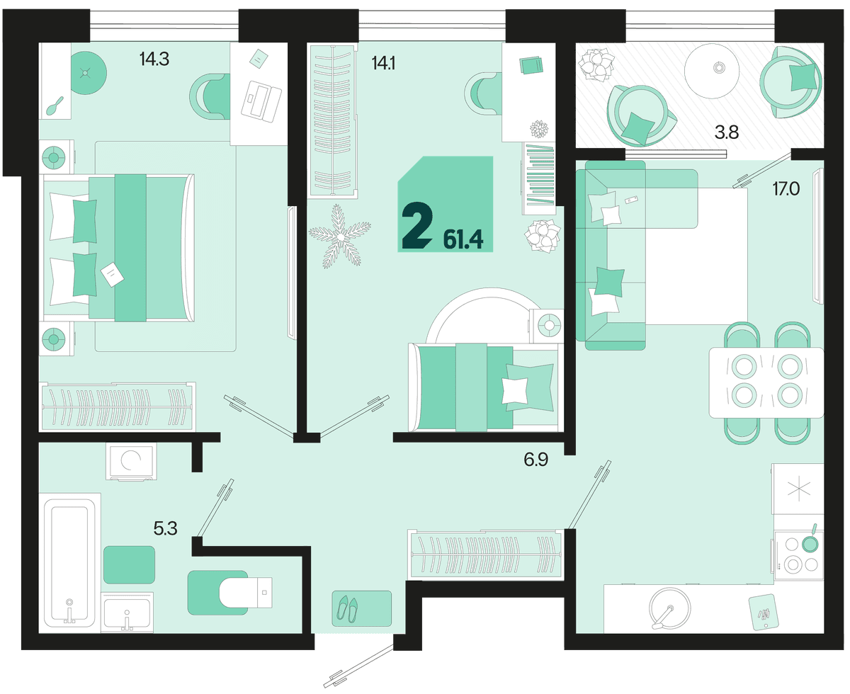 2-к, 61.4 м² · Первое место