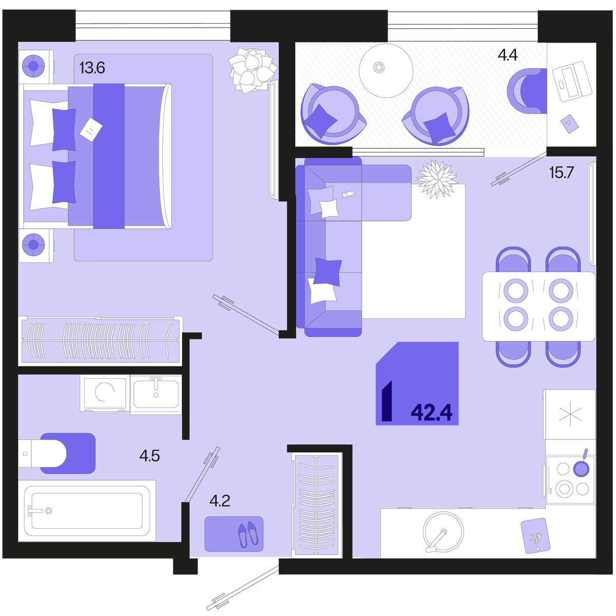 1-к, 42.4 м² · Первое место