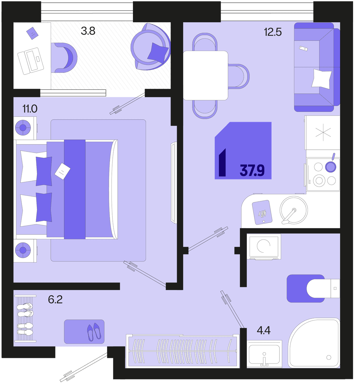 1-к, 37.9 м² · Первое место