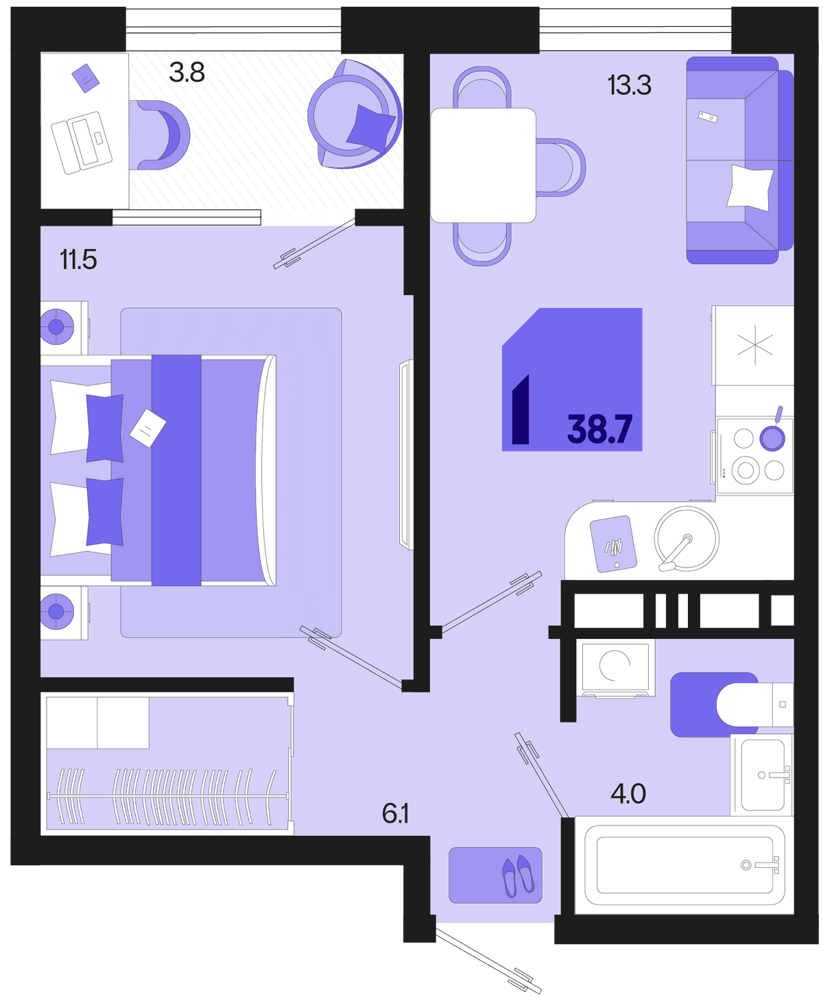 1-к, 38.7 м² · Первое место