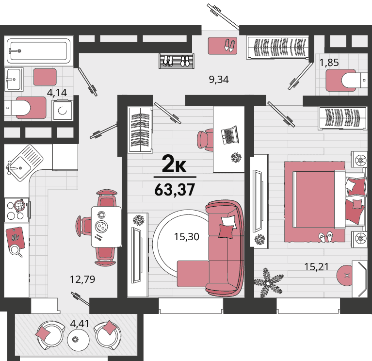 2-к, 63.37 м² · Родные просторы