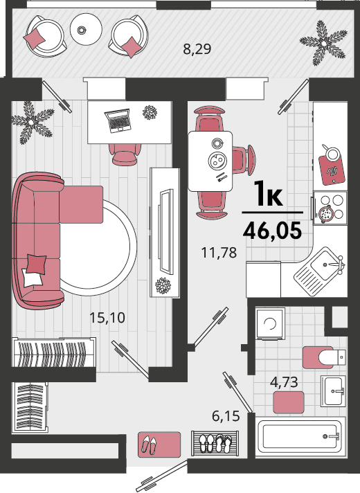 1-к, 46.05 м² · Родные просторы