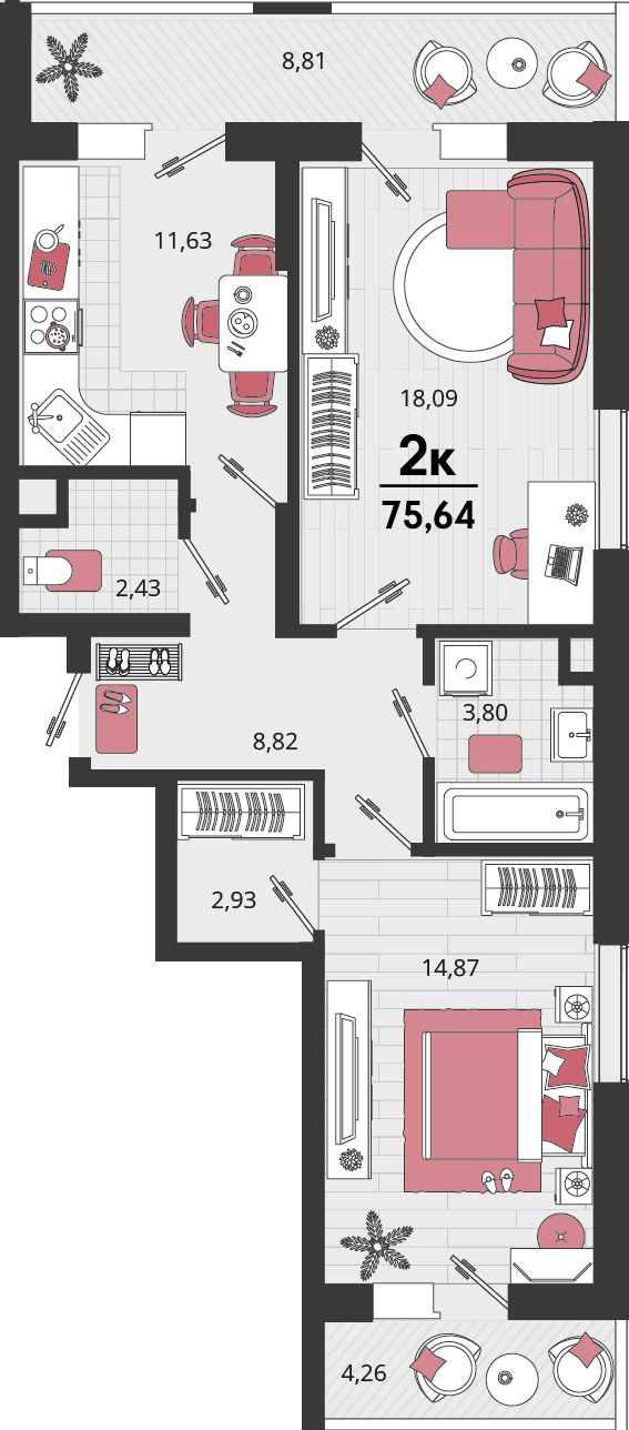 2-к, 75.64 м² · Родные просторы