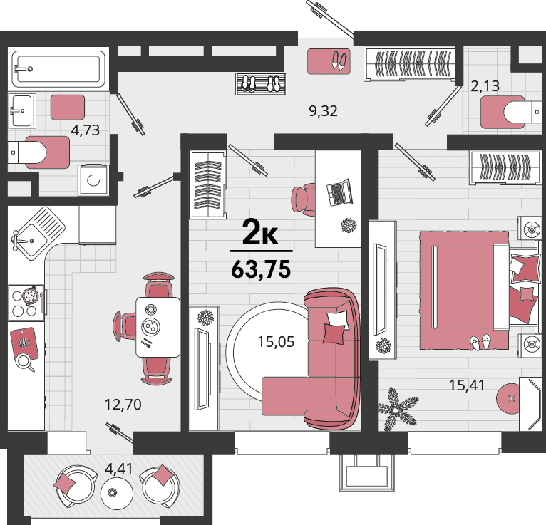 2-к, 63.75 м² · Родные просторы
