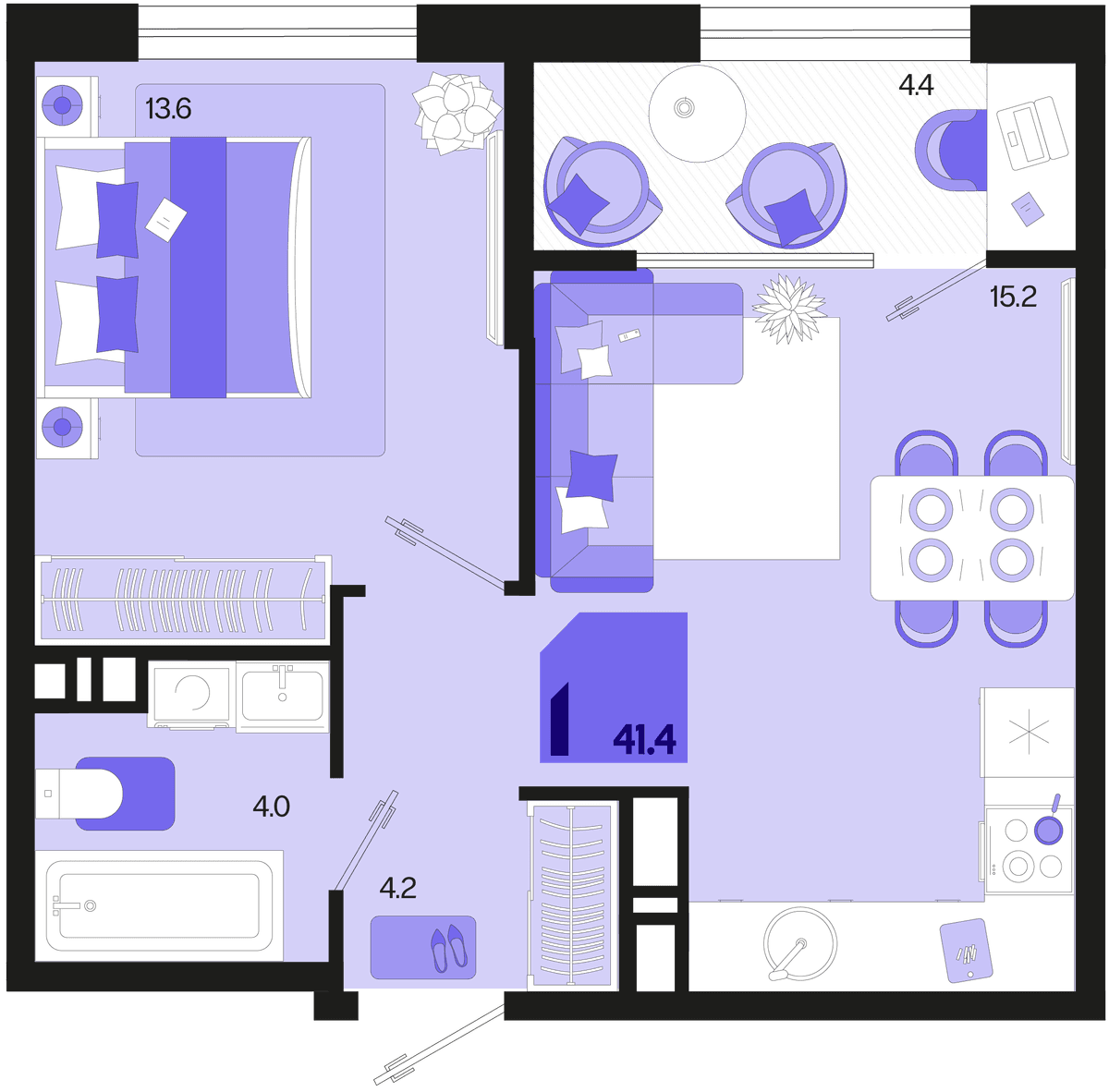 1-к, 41.4 м² · Первое место