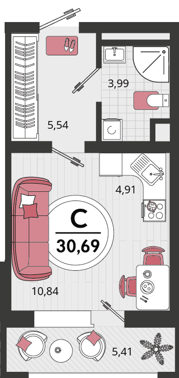 1-к, 30.69 м² · Родные просторы