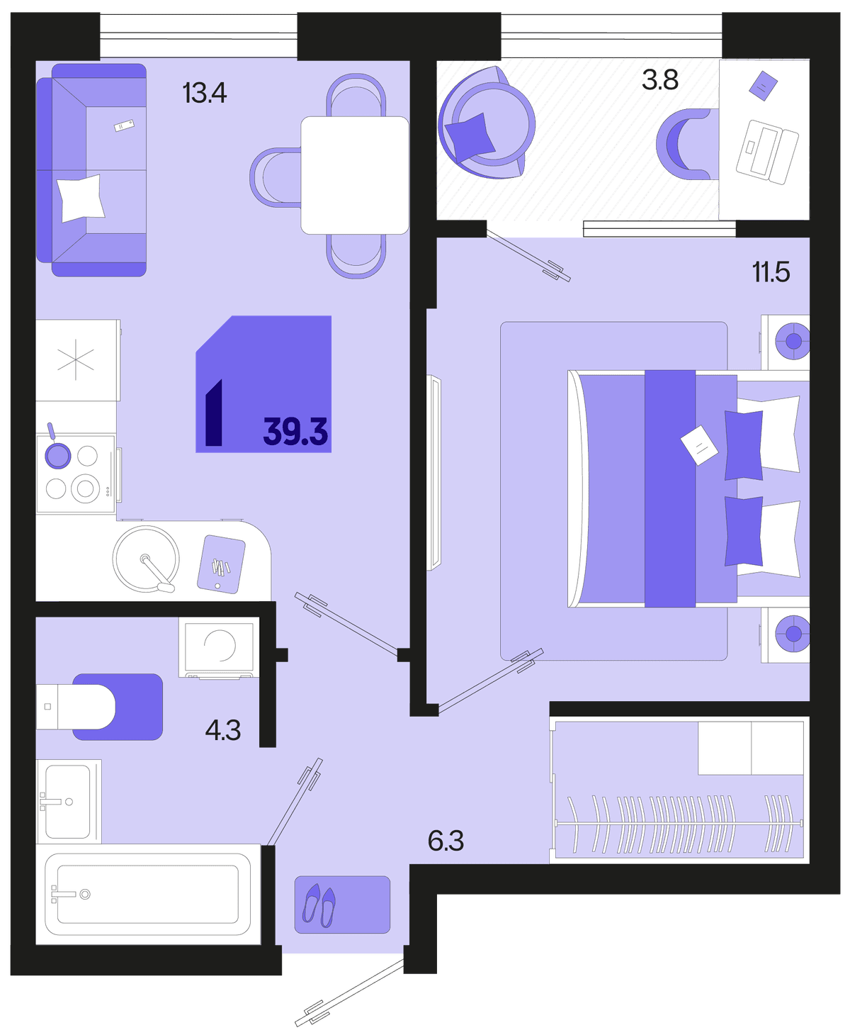 1-к, 39.3 м² · Первое место