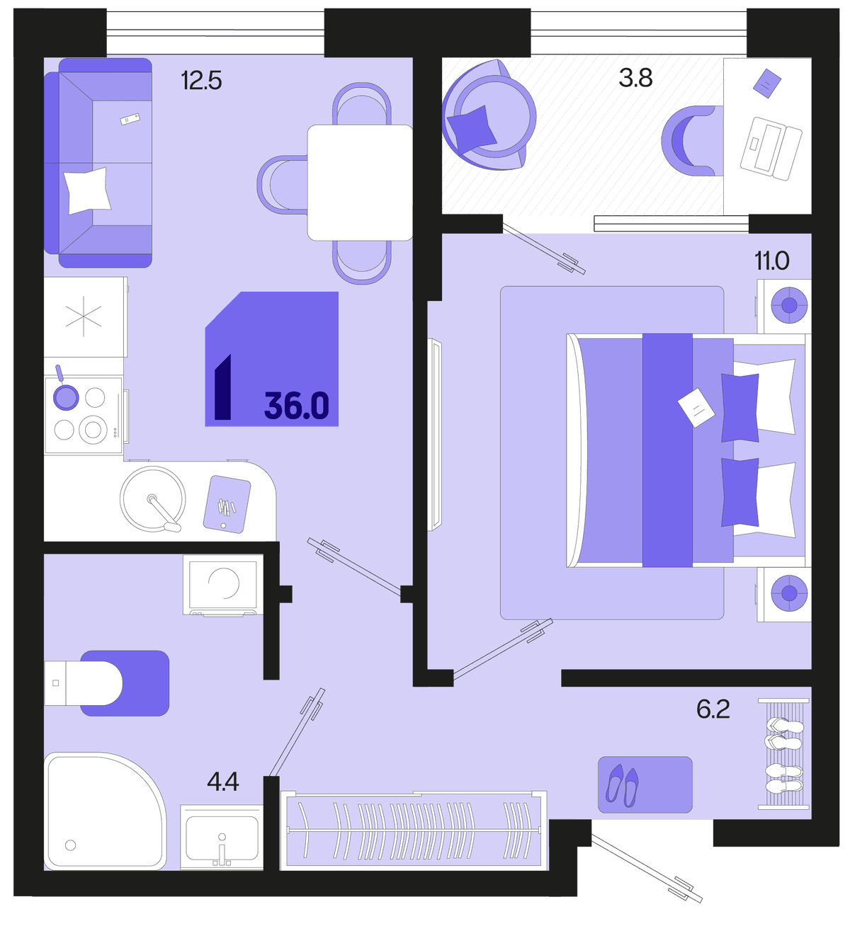 1-к, 37.9 м² · Первое место