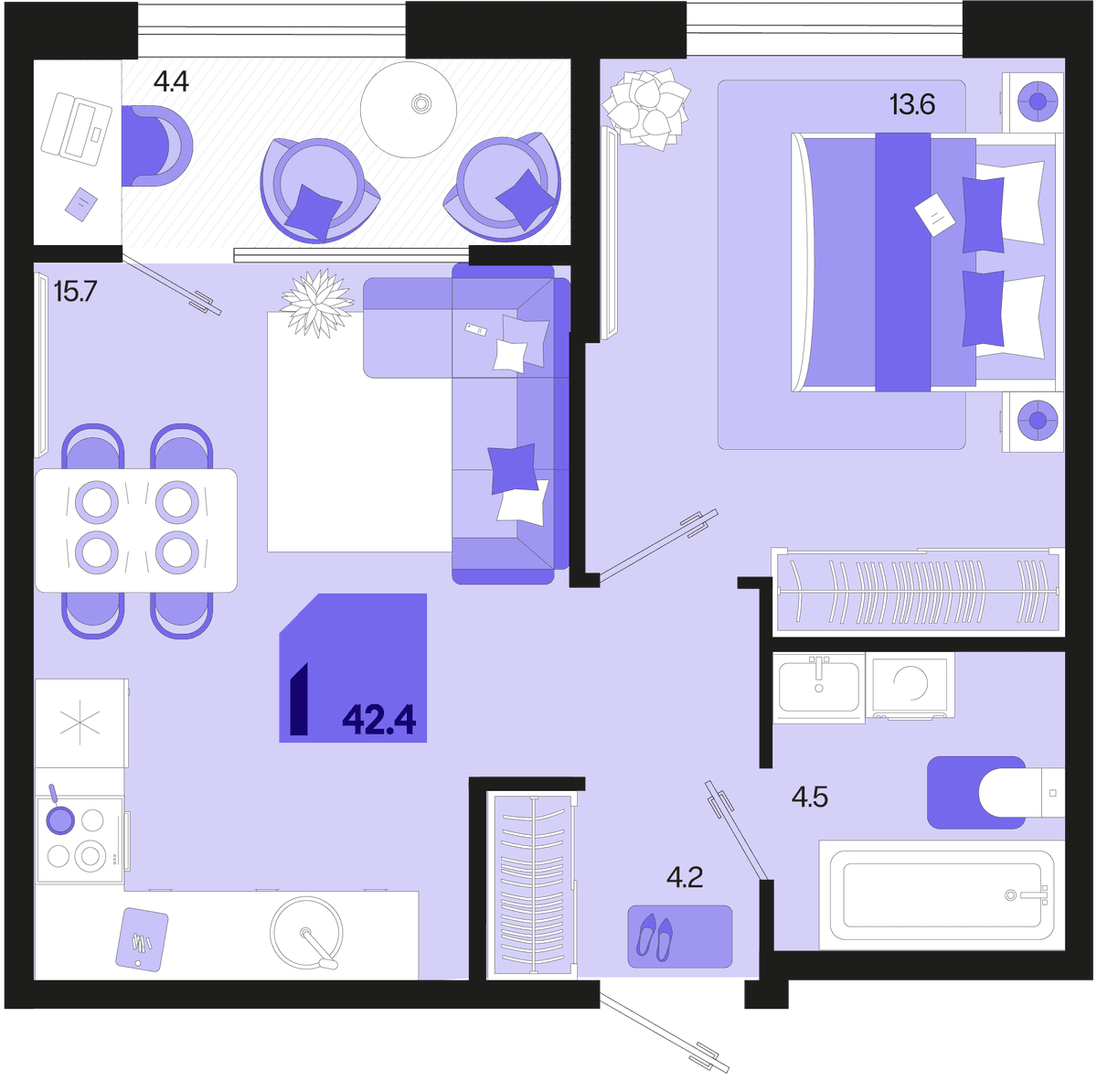 1-к, 42.4 м² · Первое место
