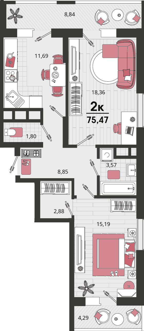 2-к, 75.47 м² · Родные просторы