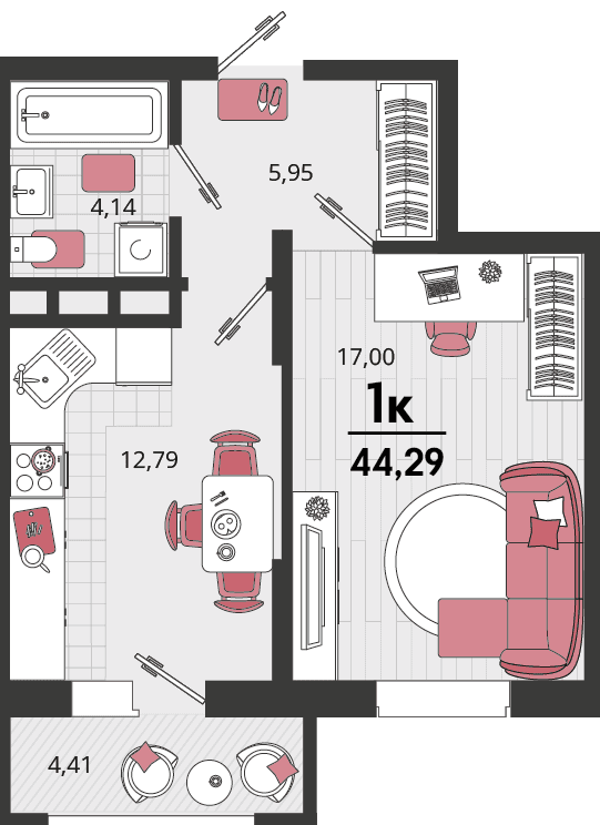 1-к, 44.29 м² · Родные просторы