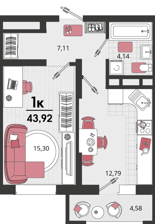 1-к, 43.92 м² · Родные просторы
