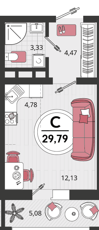 1-к, 29.79 м² · Родные просторы