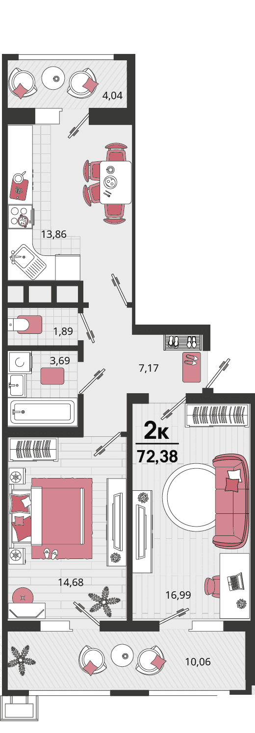 2-к, 72.38 м² · Родные просторы