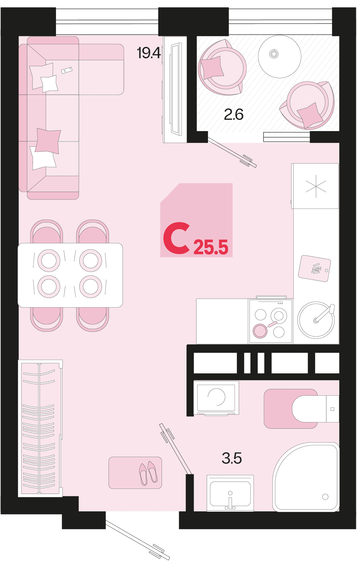 Студия, 25.5 м² · Первое место