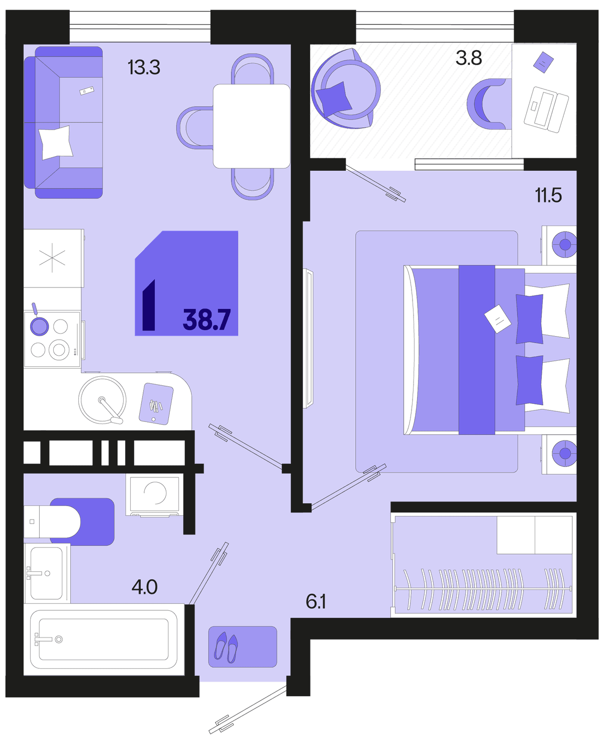1-к, 38.7 м² · Первое место
