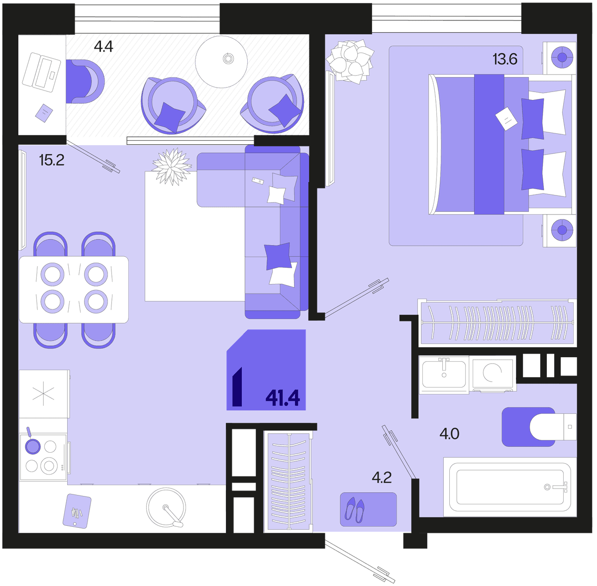 1-к, 41.4 м² · Первое место