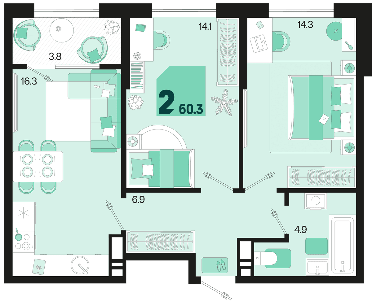 2-к, 60.3 м² · Первое место