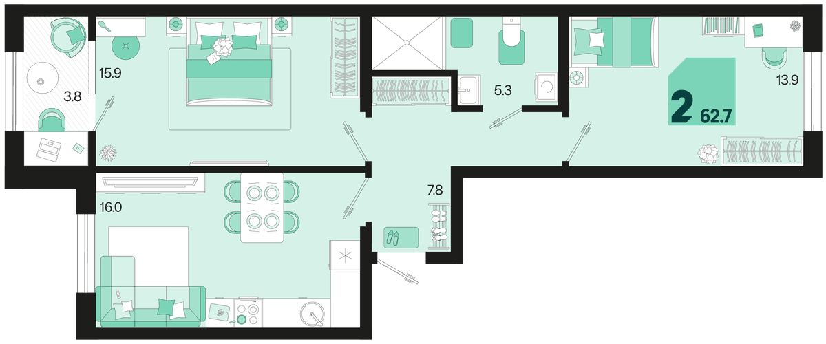 2-к, 62.7 м² · Первое место
