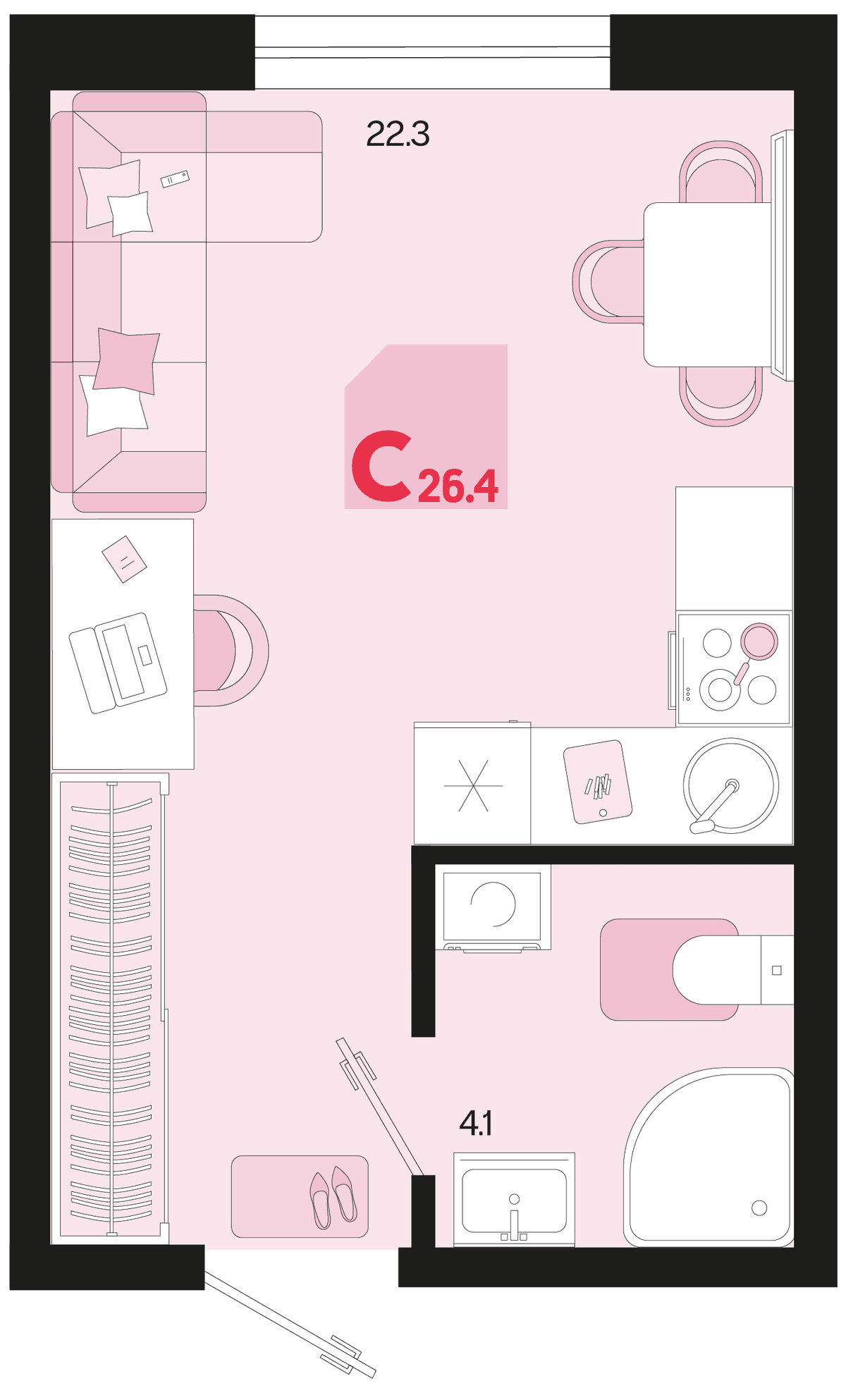 Студия, 26.4 м² · Первое место