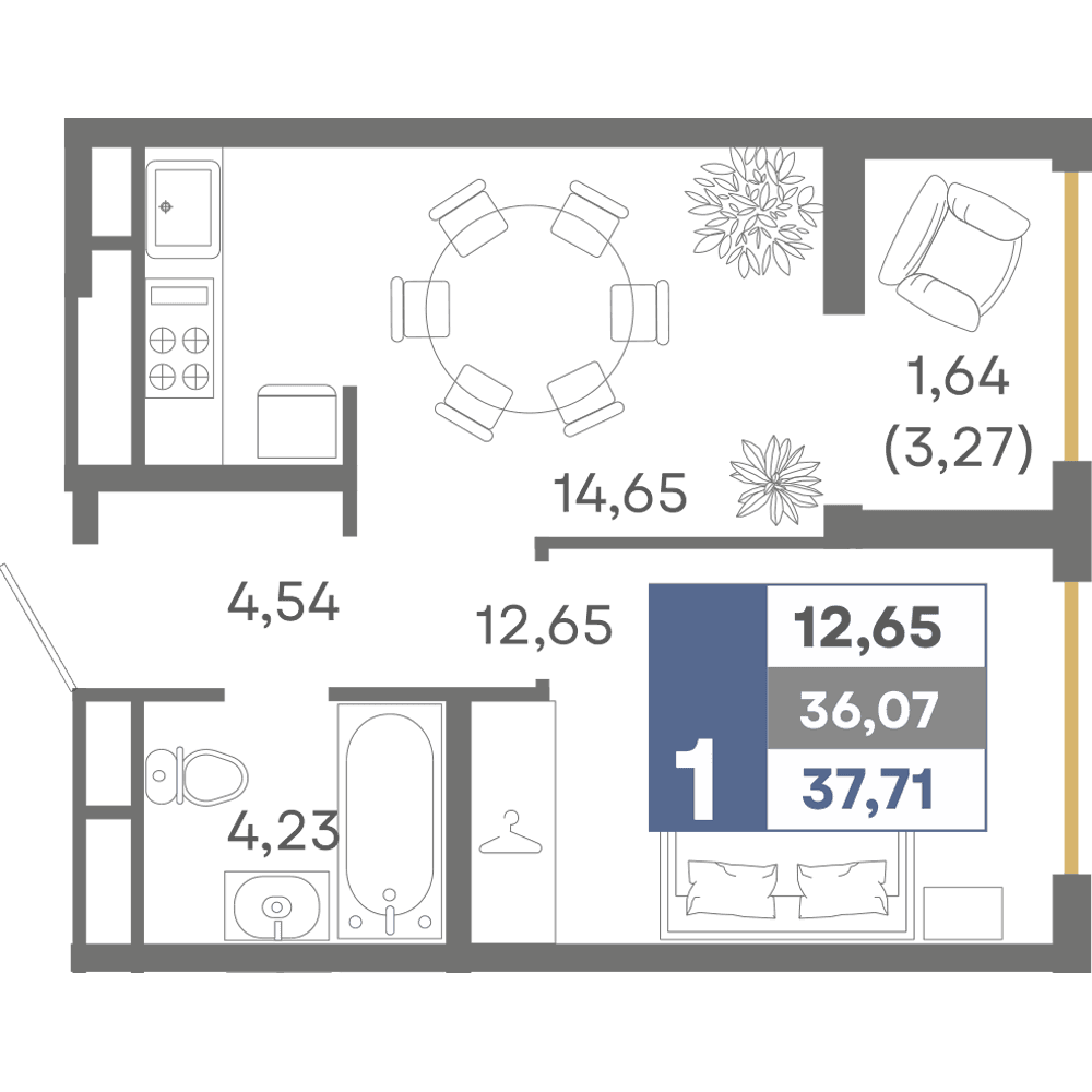 1-к, 37.71 м² · Миндаль