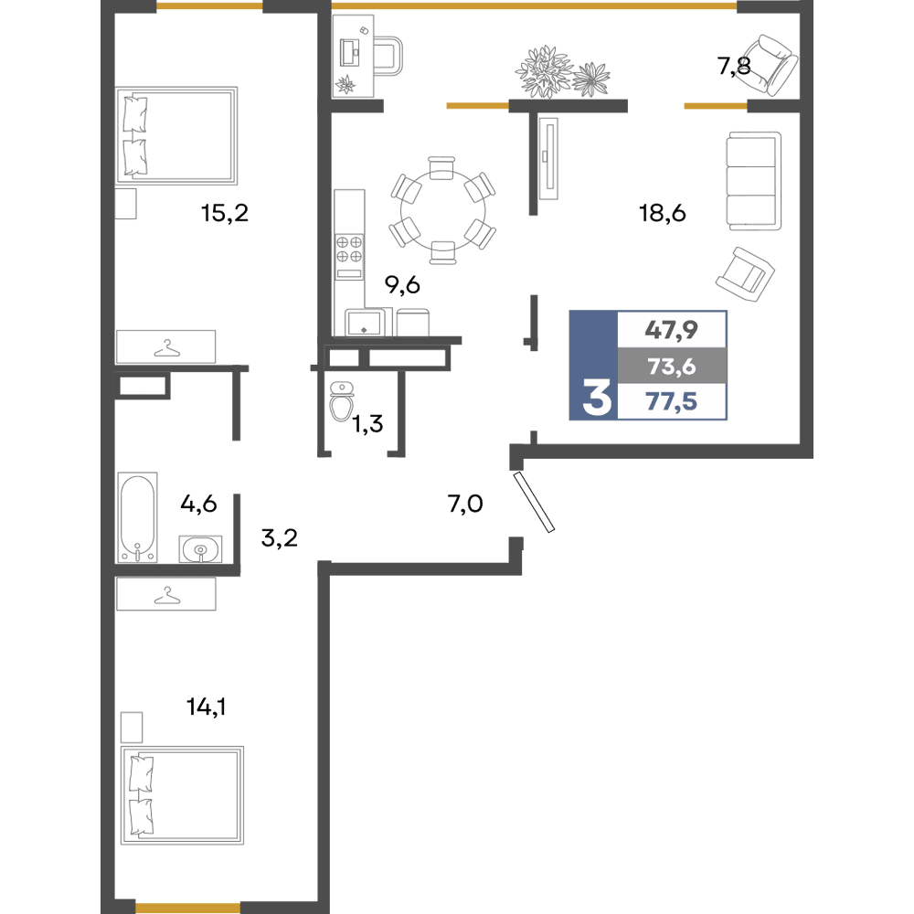 3-к, 77.5 м² · Прогресс