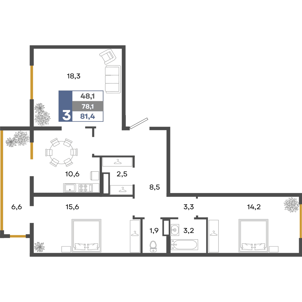 3-к, 81.4 м² · Прогресс