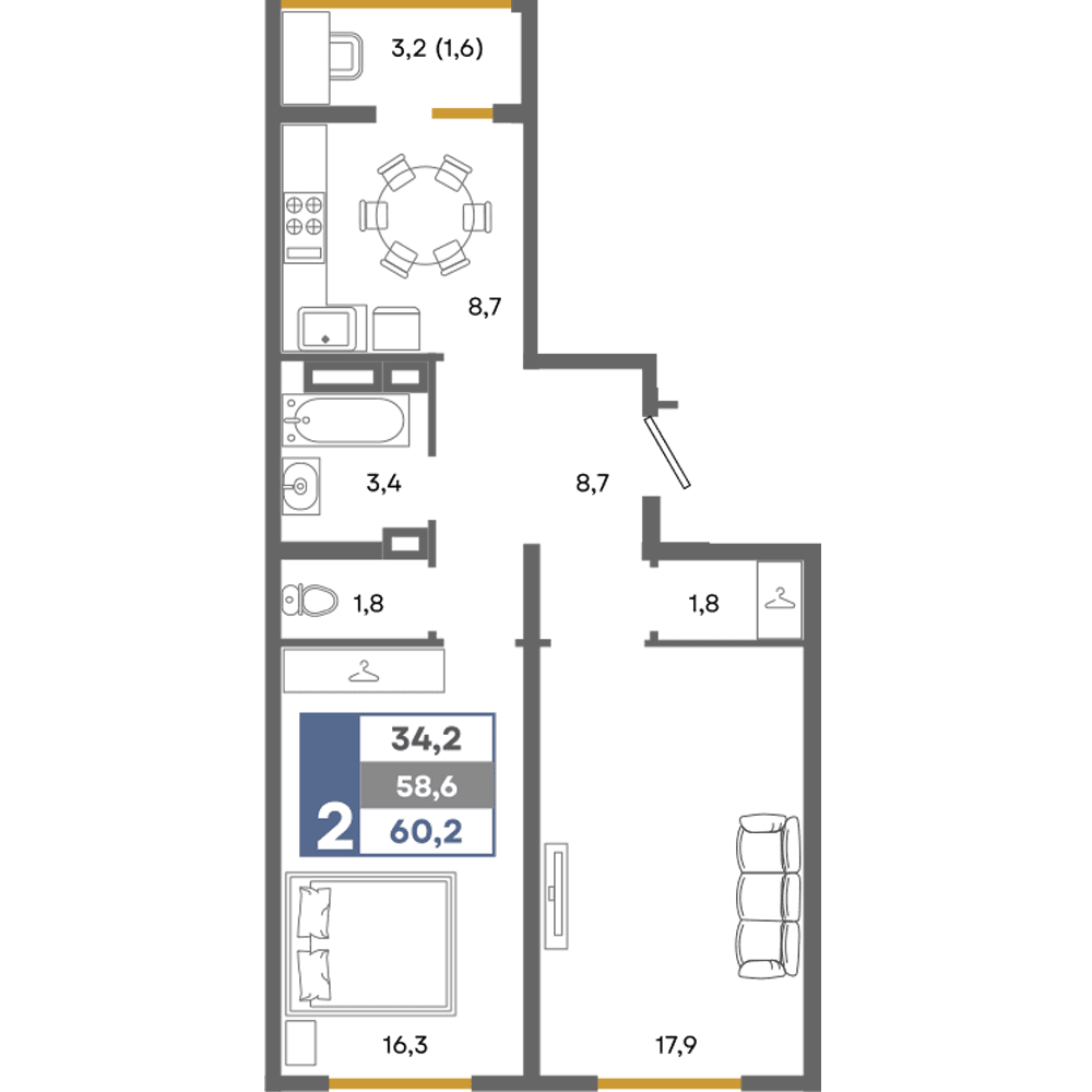 2-к, 60.2 м² · Прогресс