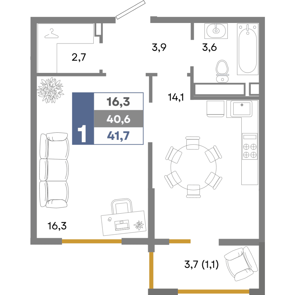 1-к, 41.7 м² · Прогресс