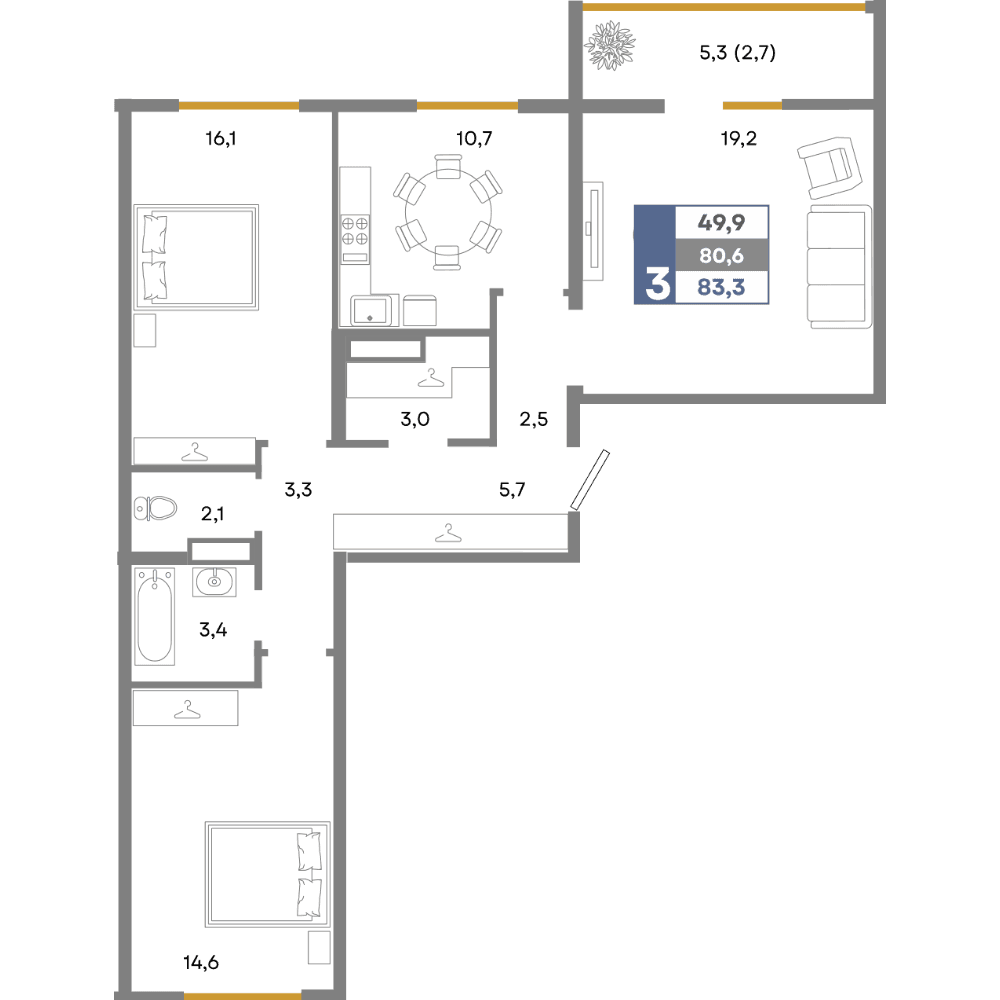 3-к, 83.3 м² · Прогресс