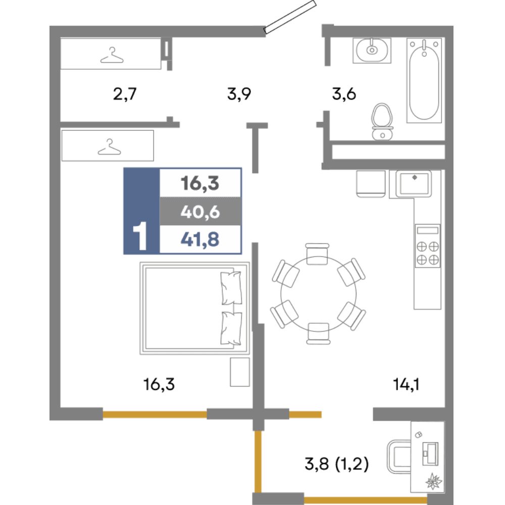 1-к, 41.8 м² · Прогресс