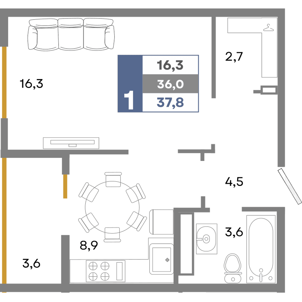 1-к, 37.8 м² · Прогресс