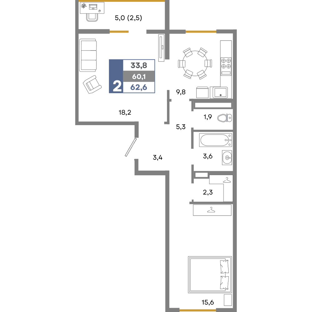 2-к, 62.6 м² · Прогресс