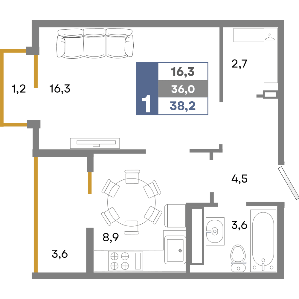 1-к, 38.2 м² · Прогресс