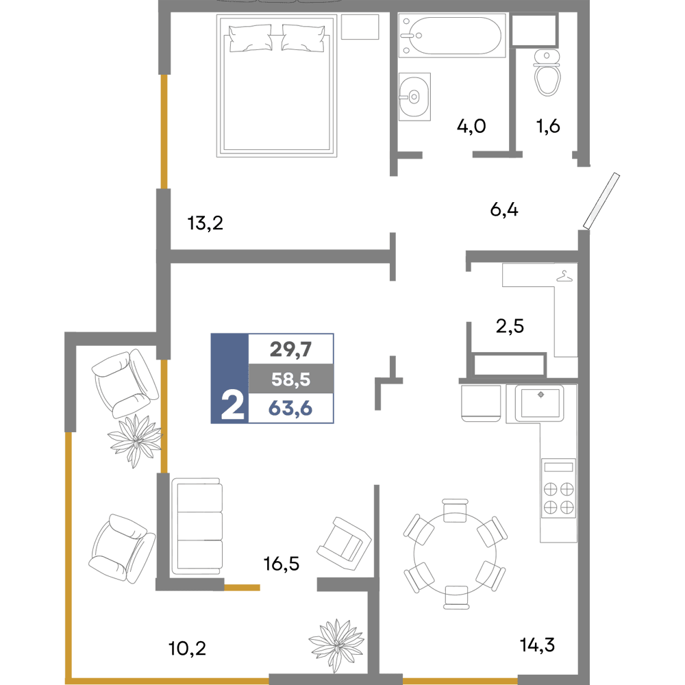2-к, 63.6 м² · Прогресс